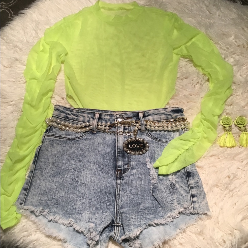 Lime transparent ruffle long sleeve body suit